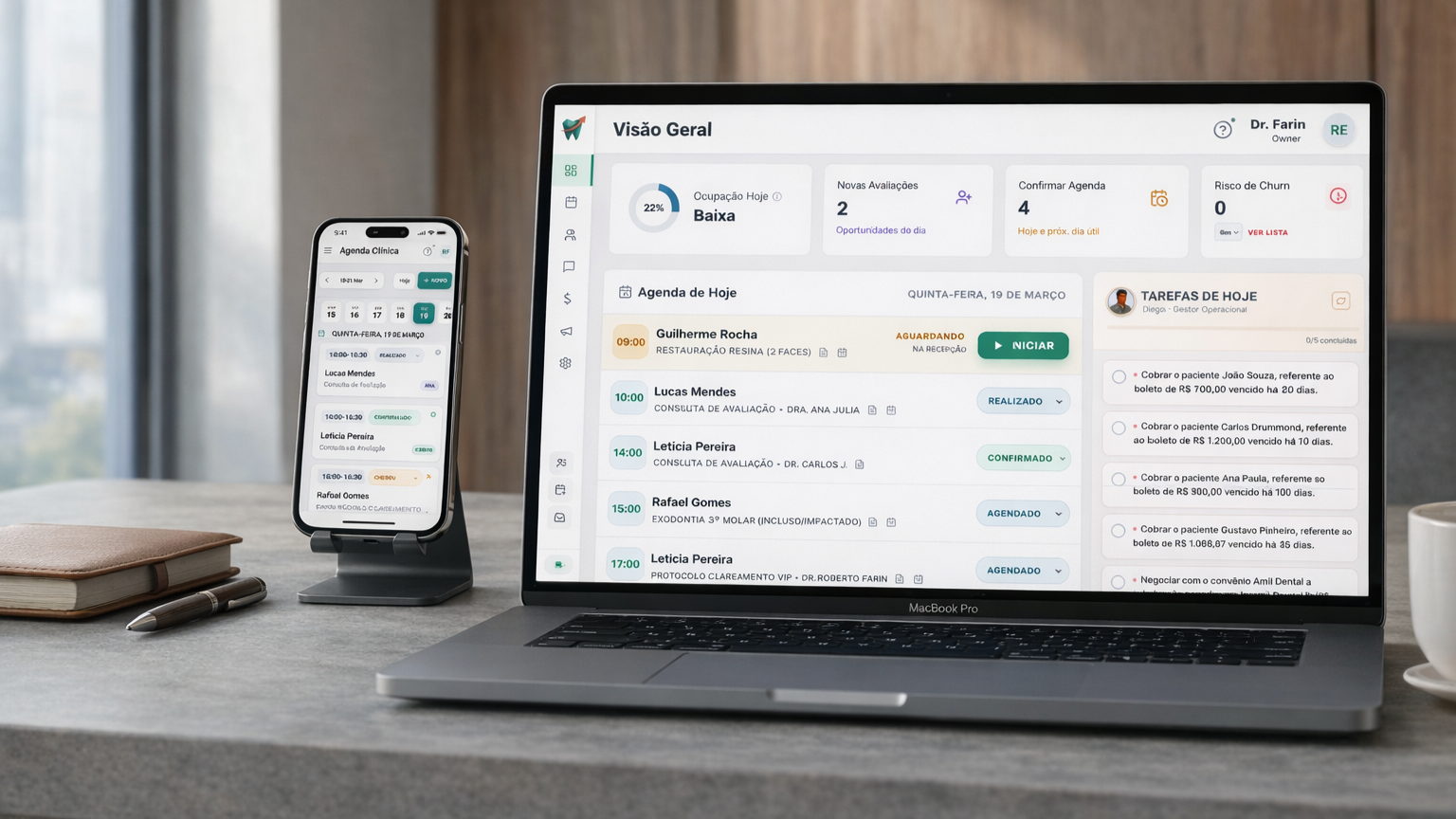 Dashboard OdontoNexo: agenda, financeiro e WhatsApp num só lugar